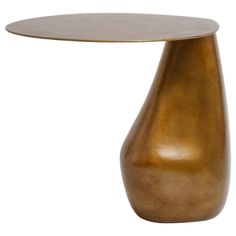 a table with a metal base and a wooden top on an isolated white background in the shape of a vase