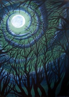 a painting of trees with the moon in the background