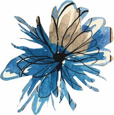 a blue and white flower is shown on a white background with watercolors in it