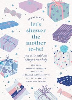 an image of a baby shower party with presents on the front and back of it