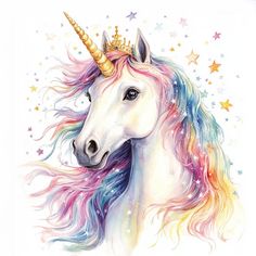 a watercolor painting of a unicorn's head with stars in the background