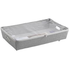 an empty grey storage box with clear linings on the bottom and sides, for storing items