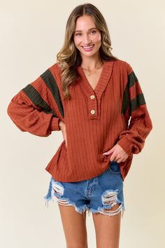 My Playful Sweater Shirt | JQ Clothing Co. Brown Knit Button-up Top, Brown Cable Knit Long Sleeve Top, Brown Long Sleeve Cable Knit Top, Trendy Brown Cable Knit Top, Orange Textured Knit Top For Fall, Brown Knit Tops With Buttons, Brown Knit Top With Buttons, Casual Brown Cable Knit Top, Casual Cable Knit Button-up Top