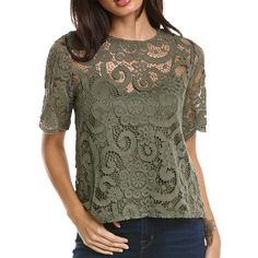 Product Details Color/Pattern: Winding Vines Approximately 21.5in From Shoulder To Hem Design Details: Sheer Lace Overlay Keyhole Back With Self-Tie Closure 60% Cotton, 30% Nylon, 10% Rayon Hand Wash Imported B3 Elegant Spring Crew Neck Shirt, Chic Lace Crew Neck Top, Elegant Spring Shirt With Crew Neck, Elegant Crew Neck Shirt For Spring, Casual Crochet Top With Short Sleeves, Spring Lace Blouse With Crew Neck, Summer Lace Blouse With Crew Neck, Feminine Short Sleeve Crochet Top For Summer, Feminine Crochet Short Sleeve Top For Summer