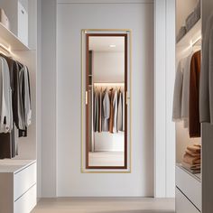 an open closet with clothes on hangers, and a mirror in the middle that is illuminated by lights