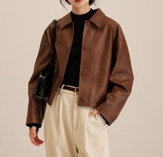 Womens Brown Leather Jacket Outfit, Pu Jacket, Outwear Women, Leather Jacket Outfits, Brown Outfit, Looks Street Style, Outwear Jackets, Brown Leather Jacket, Brown Jacket