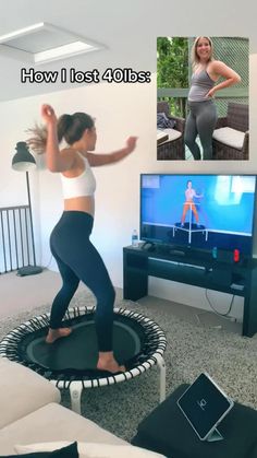 a woman standing on top of a trampoline in front of a tv