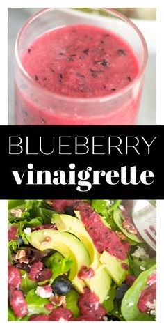 blueberry and avocado vinaigrete smoothie in a glass next to a salad