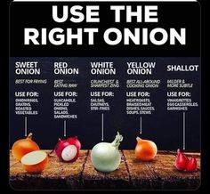 an advertisement with different types of onions on it's sides and the words use the right onion