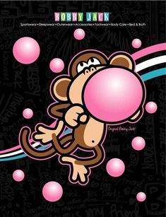 a cartoon monkey holding a bubble with pink bubbles around it's neck and nose