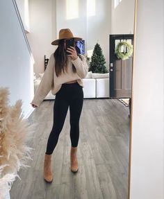 brown fedora hat outfit - Google Search Cream Top And Skirt Outfit, Neutral And Black Outfit, Fall Boots 2022 Outfit, Brown Hat Outfit Winter, Black Leggings Tan Boots Outfit, All Brown Outfit Women, Brown Hair Fashion Outfit, Fall Outfits Women With Boots, Brown Hat Outfit Fall