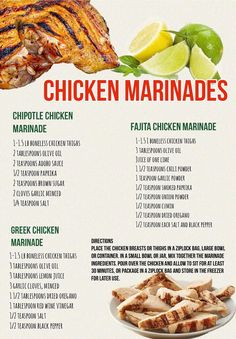 the menu for chicken marinades is shown