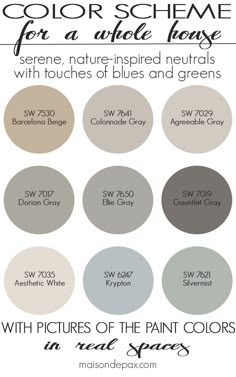 the color scheme for neutrals and greens with pictures of the paint colors