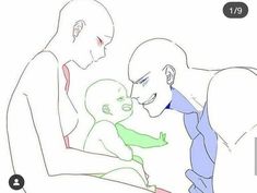 a drawing of a man holding a baby in his lap and looking at it's face