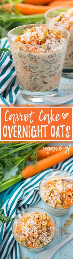 carrot cake overnight oats in small bowls on a table with carrots and green onions