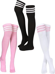 PRICES MAY VARY. Good Elasticity and Breathability: 3 stripe tube socks are made from soft cotton and polyester, quality fabric provides good elasticity and breathability, which will not be too tight or too loose, and are suitable for spring, summer, autumn and winter Quantity and Size: package includes 3 pairs of classic stripe over the knee socks, 3 colors are available (as the picture shown); Each striped thigh high sock measures approx. 64 cm/ 25 inches in length, and can be stretched over t Socks Thigh High, Striped Thigh High Socks, Striped Tube Socks, Opaque Stockings, Thigh High Sock, Over Knee Socks, Slouch Socks, Girls Unique, Cute Nike Shoes