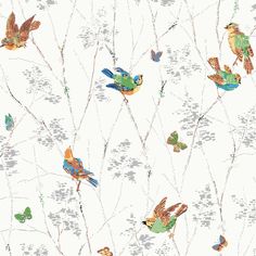 birds and butterflies are flying around on the branches in front of white background with grey spots