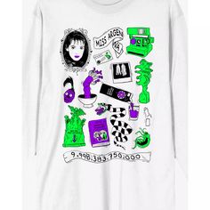 Beetlejuice Icons White Long Sleeve T Shirt - Spencer's Pop Culture Long Sleeve Tops With Graphic Print, Long Sleeve Graphic Tee With Funny Print, Pop Culture Graphic Long Sleeve Tops, Beetle Juice Shirt Vinyl, White Long Sleeve Halloween T-shirt, Beetlejuice Shirt, Beetlejuice Stuff, Titanium Belly Ring, Beetlejuice Tshirt