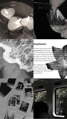 black and white collage with pictures, wine glasses, candles and other things on the table