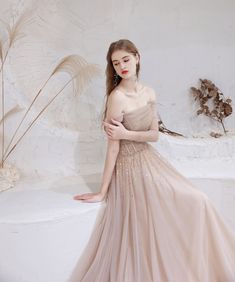 Evening Dress Nude Color A Line Bateau Neck Floor Length Sequins Formal Party Dresses Pageant Dress Formal Party Dresses, Dresses Pageant, Dress Display, Beaded Tulle, Long Sleeve Dress Formal, Evening Gown Dresses, Long Evening Gowns, Bateau Neck, فستان سهرة