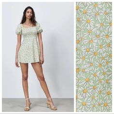 Nwt. Zara Green Floral Print Linen Blend Mini Dress With Straight Neckline, Short Puff Sleeves, Smocked Top Detail, Side Zipper Closure. Size M. Ref. 2623/557. Pit To Pit 14" Flat, Sleeves 10,5", Waist 13,5", Length 26". 1048. Stretch Floral Print Sundress For Spring, Summer Daisy Print Mini Dress For Day Out, Spring Daisy Print Mini Dress For Day Out, Spring Mini Dress With Daisy Print For Day Out, Stretch Mini Sundress For Spring, Fitted Sundress For Spring Daywear, Fitted Spring Sundress For Daywear, Fitted Daisy Print Mini Dress For Beach, Fitted Mini Length Dresses With Lemon Print