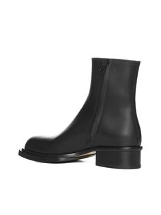 Upper: 100% Calfskin Classic Leather Boots With Stacked Heel, Ankle-high Calf Leather Boots With Branded Heel, Calf Leather Almond Toe Boots, Calf Leather Boots With Almond Toe, Classic Chelsea Boots With Stacked Heel In Calf Leather, Leather Sole Boots With Round Toe And Medium Fit, Modern Ankle Moto Boots In Calf Leather, Modern Calf Leather Ankle Moto Boots, Boots With Leather Sole And Round Toe