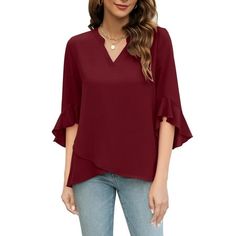 100% Polyester. Casual women's bell sleeve tops are made of comfortable and stretchy fabric to keep you cool on hot days. No shrinkage, no pilling. Hand wash recommended for plus size women's tops. Imported Pullover closure Your must-haves - What are the must-have women's tops in your wardrobe? Obviously, V-neck women's short sleeve tops will never go out of style. Definitely recommend these women's bell sleeve tops that are both comfortable and stylish. Definitely will become your favorite wome Chic Red Top With 3/4 Sleeves, Bell Sleeve Tops, Tunic Shirts, Womens Tops Summer, Short Sleeve Tops, Bell Sleeve Blouse, Red Outfit, Tunic Shirt, Hot Days