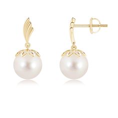 Effortless and timeless, these dangling pearl earrings will give a touch of ladylike luxe to your look. The peg-set round Freshwater cultured pearls in white delight with their ethereal charm, while the wing motifs infuse a modern edge to the design. These subtle yet elegant swirl earrings are perfect for just about any style or occasion. Akoya Pearl Dangle Earrings In Pearl White, Pearl White Akoya Pearl Dangle Earrings, Akoya Pearl White Dangle Earrings, Akoya Pearl Dangle Earrings, Refined White Akoya Pearl Earrings, Timeless Pearl White Earrings With Pearl Pendant, White Akoya Pearl Drop Earrings, Elegant Pearl White Earrings With Pearl Drop, Elegant Pearl White Pearl Drop Earrings