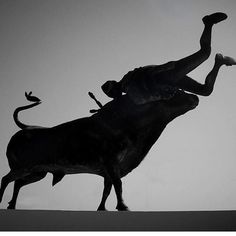 a black and white photo of a statue of a man riding a bull in the air