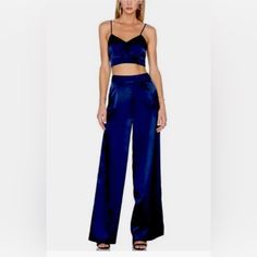 House Of Harlow 1960-2 Piece Satin Pants And Halter Top Set Size 10 Us - Midnight Blue- Nwt Blue Full Length Wide Leg Pants For Party, Blue Full-length Wide Leg Pants For Party, Blue Wide Leg Full Length Party Pants, Blue Wide Leg Party Pants, Blue Wide Leg Full Length Pants For Party, Blue Full Length Pants For Party, Elegant Blue Pants For Night Out, High Waist Blue Evening Pants, Blue Straight Leg Evening Bottoms