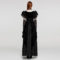 This gothic dress is made of velvet fabric. Ruffled sleeves design with multi-layer laces. Lace-up on the front and back. The symmetrical skirt hem is designed with staggered layers. Pair with lace gloves. Good elastic fabric. 
 
Material:?Polyester; Acrylicfiber 
Weight: 1.42KG 
Size: XS-S; M-L; XL-2XL 
SKU:?WQ-633LQF Long Sleeve Velvet Halloween Dress, Long Sleeve Velvet Dress For Halloween, Black Gothic Medieval Dress For Party, Velvet Evening Dress For Halloween, Gothic Velvet Costume Dress, Gothic Velvet Dress For Costume, Gothic Long Sleeve Velvet Dress, Fitted Gothic Velvet Dress For Costume Party, Gothic Velvet Dress For Costume Party