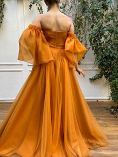 Pre-draped Organza Evening Dress For Wedding, Orange Floor-length Gown For Gala, Organza Gown With Ruched Bodice For Prom, Fitted Orange Organza Dress, Organza Prom Gown With Ruched Bodice, Elegant Orange Gown With Fitted Bodice, Orange Floor-length Evening Dress For Wedding, Elegant Orange Gown For Formal Occasions, Elegant Orange Formal Gown