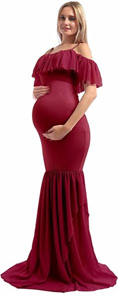 Stay stylishly comfortable throughout your pregnancy with this Wine Red Ruffled Mermaid Maternity Dress. The draped off-shoulder design hugs your figure to flatter your silhouette, while the mermaid skirt cascades to the ground in a beautiful ruffled hem. Perfect for any special occasion. Material: Comfy cotton & soft chiffon, breathable and stretchy fabric. Fits All Kinds Of Shape Of Expectant Mothers Features: Trendy ruffles flounce top, Romantic lace off shoulder and Sexy spaghetti strap is v Elegant Maternity Mermaid Dress With Mermaid Hem, Elegant Fitted Maternity Dress With Ruffles, Fitted Ruffle Maternity Dress, Fitted Maternity Dress With Ruffles, Maternity Fitted Dress With Ruffles, Fitted Maternity Dress With Mermaid Hem, Fitted Ruffled Maxi Maternity Dress, Fitted Ruffled Maternity Dress, Spring Maternity Gown With Ruffles