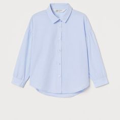 Shirt In Woven Cotton Fabric. Collar, Buttons At Front, Dropped Shoulders With Gathered Seams, And Wide Sleeves With Button At Cuffs. Rounded Hem. Light Blue. Size 7-8 Cute Blue Button-up Shirt, Long Sleeve Tops For School In Summer, Long Sleeve Summer School Tops, Long Sleeve Summer Tops For School, Casual Cotton Blouse For School, Cotton Long Sleeve Blouse For School, Cute Cotton H&m Tops, Cute Blue Collared Top, Cute Light Blue Cotton Blouse