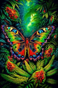 a painting of a butterfly in the middle of green leaves and flowers with bright colors