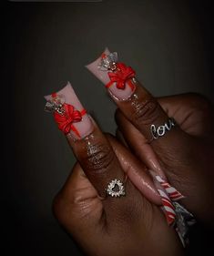 Christmas Nails With Candy Canes, Red Bottom Christmas Nails, Dramatic Christmas Nails, Sosa Nails, Junk Christmas Nails, Xxl Christmas Nails