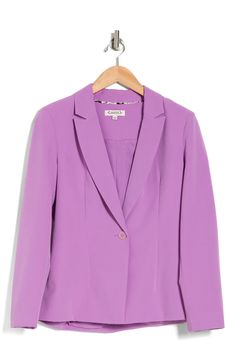 Bring a pop of color to your wardrobe with a classic one-button blazer fashioned with notched lapels for polished style. 26" length One-button closure Notched lapels Lined 96% polyester, 4% spandex Dry clean or hand wash, line dry Imported Model stats: 5'10" height, 32" bust, 25" waist, 36" hip. Model is wearing size 4. Spring Single Button Flat Front Blazer, Spring Single Breasted Flat Front Blazer, Spring Single Breasted Blazer With Flat Front, Spring Blazer With Button Closure, Spring Blazer With Button Closure And Flat Front, Purple Formal Blazer For Spring, Purple Spring Formal Blazer, Tailored Purple Blazer For Spring, Purple Lapel Collar Blazer For Office