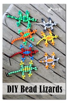 bead lizards on a wooden deck with text overlay that says diy bead lizards