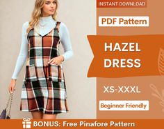 a woman in a plaid dress with text overlay that reads, instant pattern hazel dress xs - xxl beginner friendly