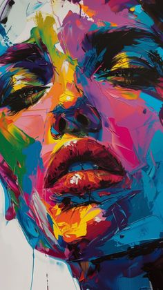 a painting of a woman's face painted in bright colors