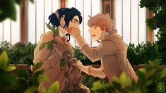 two anime characters are touching each other in front of some trees and bushes, one is holding his hand to the other's face