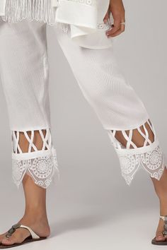 White top with thread, sequin, beads and cutwork embroidery in geometric pattern. Paired with matching slim fit pant. - Aza Fashions Cutwork Top, Pant For Women, Cutwork Embroidery, Beaded Neckline, How To Hem Pants, Slim Fit Pants, Cut Work, White Pants, Embroidered Top