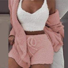 Relax and Unwind 3 PCS Set - Lybra Intimates Celana Fashion, Cardigan Crop Top, Winter Pajamas, Traje Casual, 50 Style, Cardigan Crop, Fleece Pajamas, Crop Top And Shorts, Tracksuit Set