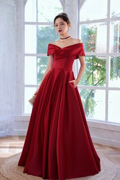 Off-Shoulder Red Satin Evening Gown Dress Prom Dress Red, Off Shoulder Evening Dress, Prom Dresses Simple, A Line Evening Dress, Floor Length Prom Dresses, Burgundy Prom Dress, Red Evening Dress, A Line Prom Dresses, Satin Color