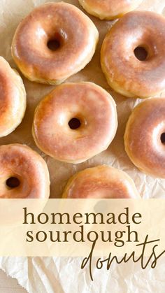 homemade sourdough donuts on parchment paper with the words homemade sourdough donuts above them