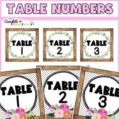 printable table numbers with flowers and polka dots in the center, on wooden frames