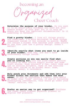 how to become an organized cheerleading coach. 6 tips to help you become more organized next season for your team. Cheerleading coach organization. Cheerleading coach binder. cheer coach binder. cheer coach planner. cheerleading coach planner. cheerleading captain planner. cheerleading captain organization. cheerleading. cheerleader. cheer stunt. cheerleading motions. how to make cheerleading motions tighter. how to make my cheerleading team more crisp. how to be a cheerleading coach. cheer team Cheer Coach Binder, Kids Cheerleading, Cheer Team Shirts, Cheerleading Coach