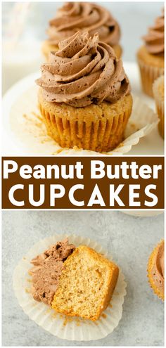 peanut butter cupcakes with chocolate frosting on top, and the bottom one has a bite taken out