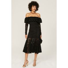 Black lace (94% Polyamide, 6% Elastane). Hourglass. Long sleeves. Off the shoulder. Pull on. 41.5" from shoulder to hemline. Imported. Caroline Constas, Midi Dress Black, Rent The Runway, Closet Designs, Lace Midi, Drop Waist, Black Midi Dress, Dress Black, Black Lace