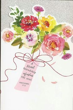 a greeting card with flowers in a vase and a message on the front that says,